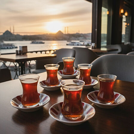 Paşabahçe 6'lı Çay Bardağı 130cc ve Porland Porselen 6'lı Çay Tabağı Set (Kolye,Küpe Hediyeli)