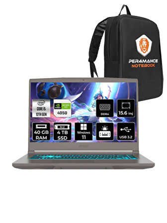 MSI Thin 15 i5 12450H 40GB 4TB SSD RTX4050/6GB 15.6" FHD 144HZ W11P B12VE27TR & PER4 ÇANTA