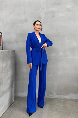 Koyu Mavi Kuşaklı Ceket Pantolon Takım