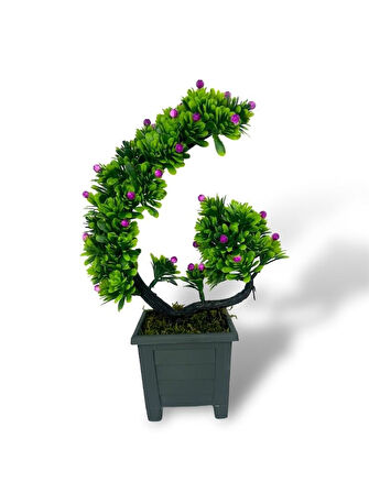 Yapay Çiçek Bonsai Ağacı Mor Eğik Model Dekoratif Yapay Ağaç Bonzai 30*22 CM Siyah Kare Saksıda