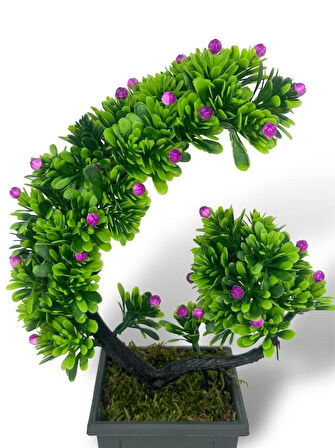 Yapay Çiçek Bonsai Ağacı Mor Eğik Model Dekoratif Yapay Ağaç Bonzai 30*22 CM Siyah Kare Saksıda