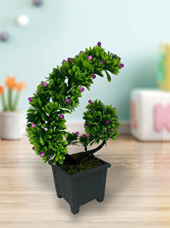Yapay Çiçek Bonsai Ağacı Mor Eğik Model Dekoratif Yapay Ağaç Bonzai 30*22 CM Siyah Kare Saksıda