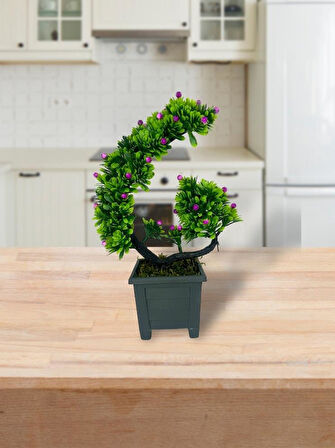 Yapay Çiçek Bonsai Ağacı Mor Eğik Model Dekoratif Yapay Ağaç Bonzai 30*22 CM Siyah Kare Saksıda