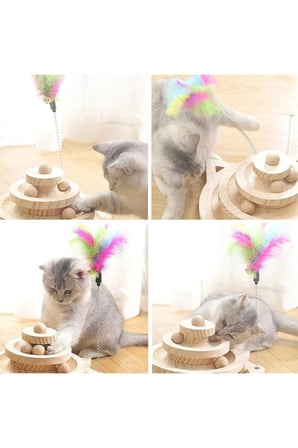 Ahşap Kedi Oyuncağı 😸 Toplu Zeka Oyuncağı & Tüylü Olta Seti 🪵🪶