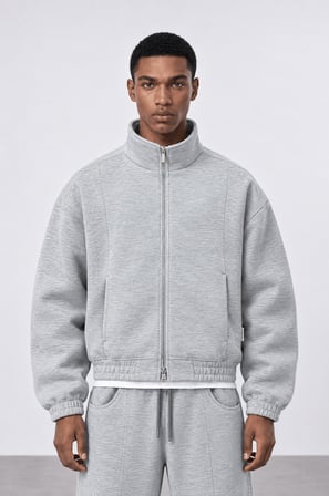 Erkek Crop Fit Panda Oversize Zip Gri Melanj