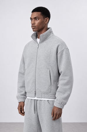 Erkek Crop Fit Panda Oversize Zip Gri Melanj