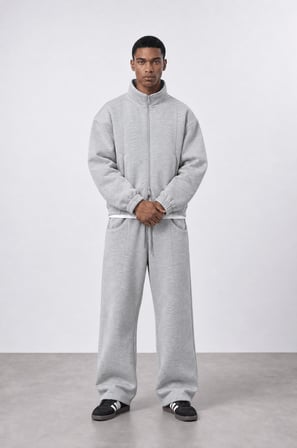Erkek Crop Fit Panda Oversize Zip Gri Melanj