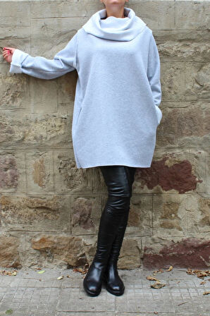 Kadın Gri Kısa Tasarım Sweatshirt Elbise 8072-2010