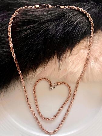 Unisex Rosegold Kalın (3mm) Burgu Çelik Kolye Ve Bileklik Set