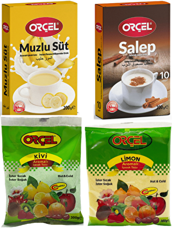 Orçel Sahlep 200gr. + Muzlu Süt 200gr. + Kivi 300gr. + Limon 300gr. Aromalı İçecek Tozu Oralet Çay