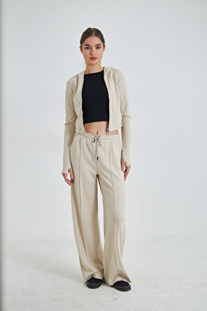 Fermuarlı Kapüşonlu Sweatshirt ve Geniş Paça Özel Dikim Pantolon Modal Kumaş