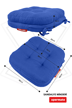 XPERMATE 2'li Çift Kat Sandalye Minderi Fermuarlı Yıkanabilir Kılıf Bağcıklı Su ve Yağ İtici 42x42x8 Mavi