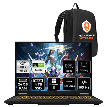 Asus TUF F16 i7 14650HX 24GB 4TB SSD RTX5050/8GB 115W 165Hz 16'' WUXGA W11P Gaming Laptop FX608JHR