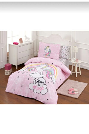 Tek Kişilik Çarşafı Lastikli Nevresim Takımı Unicorn Pembe