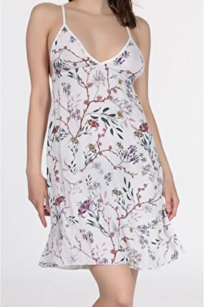 Kadın Beyaz Çiçekli Desenli Midi Boy Gecelik