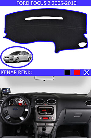 Ford Focus 2 2005-2010 İçin Uygun Torpido Koruma Halısı Siyah Kenar Renk Mavi