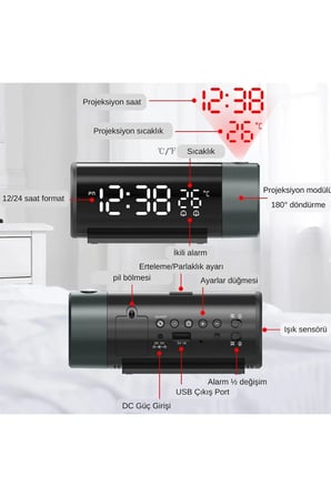 Projeksiyonlu LED Dijital Çalar Saat⏰USB Güç🔔Çift Alarm🔔Tavan & Duvar Yansıtma Masa Saati