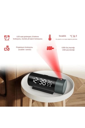 Projeksiyonlu LED Dijital Çalar Saat⏰USB Güç🔔Çift Alarm🔔Tavan & Duvar Yansıtma Masa Saati