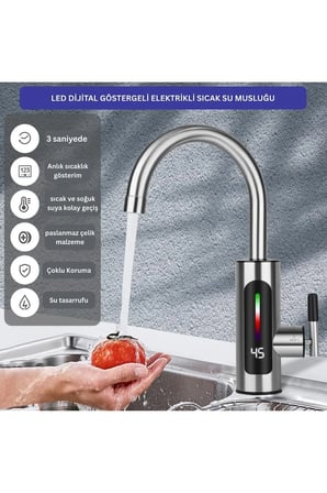 Dijital Göstergeli Elektrikli Anında Su Isıtıcılı Musluk🌡Paslanmaz Çelik🔌Mutfak & Banyo