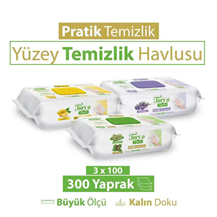 Turco Doğadan Pratik Yüzey Temizlik Havlusu Yeşil Sabun Lavanta Limon 3x100