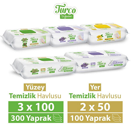 Turco Doğadan Pratik Yüzey Temizlik Havlusu 3x100 & Yer Temizlik Havlusu 2X50 Karma Paket