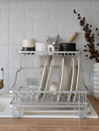 Afilli Alüminyum Bulaşıklık Paslanmaz 2 Katlı Bardak Tabak Kurutma Sepeti