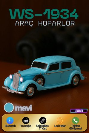WS-1934 Pontiac Sedan Diecast Araba Bluetooth Hoparlör Işıklı, FM Radyo ve USB Destekli Müzik Kutusu