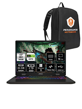 MSI SWORD 16 HX i7-14650HX 24GB 2TB SSD RTX4070/8GB 16" FHD+ 144HZ W11P B14VGKG-473XTR & PER4 ÇANTA