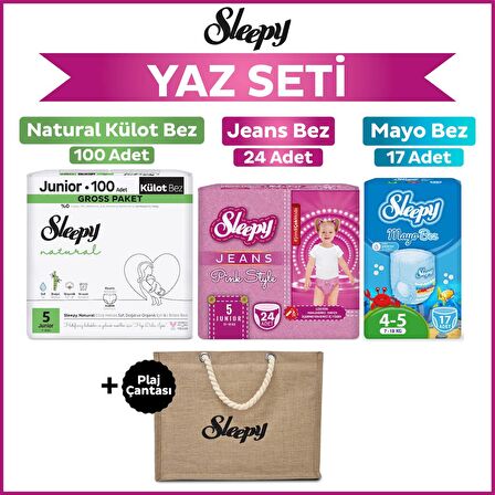 Sleepy 5 Numara Junior Natural Gross 100+Mayo Bez 17+Pink Jeans Külot Bez 24+Plaj Çantası