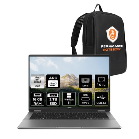 Asus Vivobook 14 Flip Ultra 7 256V 16GB RAM 2TB SSD 14'' WUXGA OLED W11P Dizüstü Bilgisayar & PER4