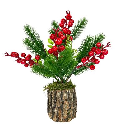 Yapay Çiçek Kütük Saksılı Çam Dallı Kokina Dekoratif Hediyelik Masa Çiçeği