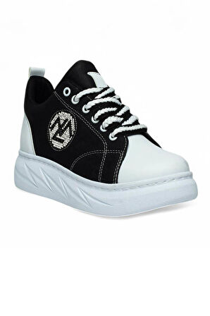 Celira Mdl Siyah Beyaz Bağcıklı Keten Kadın Spor Ayakkabı