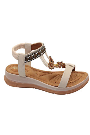 Celira Akç A25 Krem Günlük Taşlı Kadın Sandalet Ayakkabı