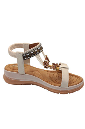 Celira Akç A25 Krem Günlük Taşlı Kadın Sandalet Ayakkabı