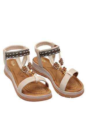 Celira Akç A25 Krem Günlük Taşlı Kadın Sandalet Ayakkabı