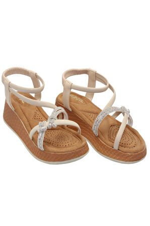Celira Akç A32 Krem Taşlı Kadın Sandalet Ayakkabı