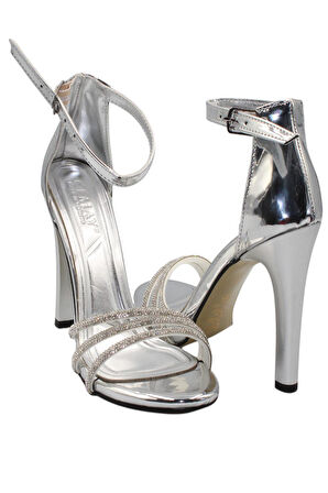 Celira Gümüş Kadın 10 Cm Bilek Kemerli Topuklu Ayakkabı