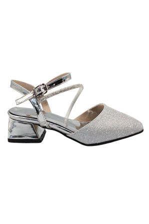 Celira Gümüş Taşlı Simli Kısa Topuk Kadın Ayakkabı