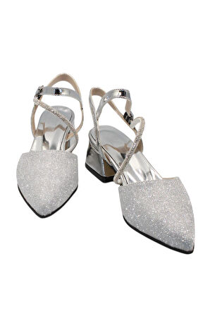 Celira Gümüş Taşlı Simli Kısa Topuk Kadın Ayakkabı