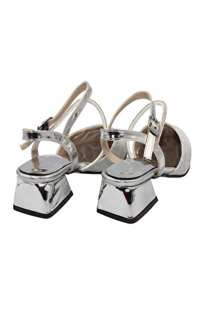 Celira Gümüş Taşlı Simli Kısa Topuk Kadın Ayakkabı