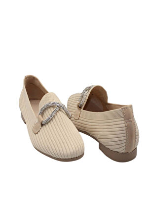 Celira Bej Triko Taşlı Kadın Topuklu Babet Ayakkabı