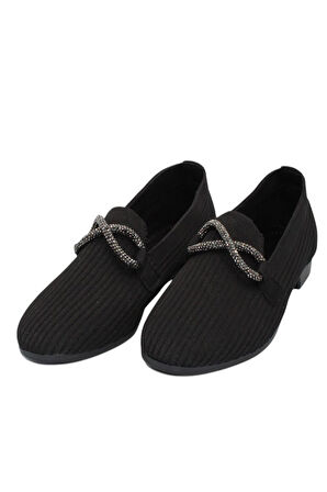 Celira Siyah Triko Taşlı Kadın Topuklu Babet Ayakkabı