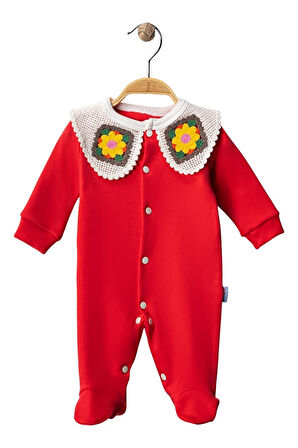 Celira Kırmızı Çiçek Örgü Yakalı Tulum 3 Ay,6 Ay Kız Bebek