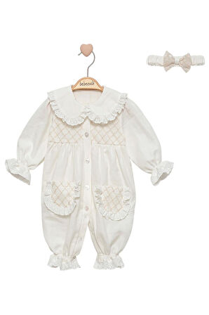 Celira Krem Tül Detaylı Tulum 3 Ay,6 Ay,9 Ay,12 Ay Kız Bebe