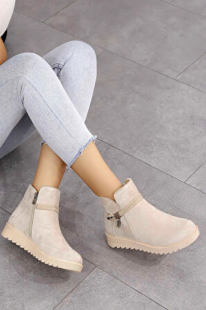 Celira Dvm Süet Bej Fermuarlı Günlük Kadın Kışlık Bot NSB518