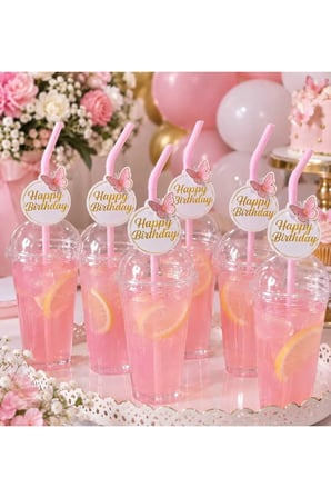 HAPPY BİRTHDAY PEMBE KELEBEK TEMALI DOĞUM GÜNÜ SÜSÜ PİPETİ 10 ADET