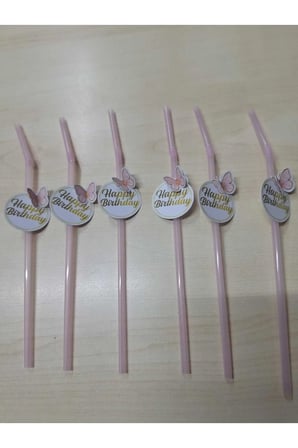 HAPPY BİRTHDAY PEMBE KELEBEK TEMALI DOĞUM GÜNÜ SÜSÜ PİPETİ 10 ADET
