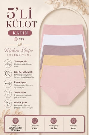 Kadın Külot Ekstra Yüksek Bel Lazer Kesim Esnek Iz Yapmayan 5 li Paket Polyester TAŞ