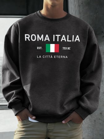 Roma Italia Est.753 Baskılı Kazak Erkekler Bisiklet Yaka Polar Giyim Gevşek Sonbahar Kazaklar