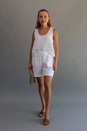 Kadin Muslin Sacakli Sort Capraz Crop Takim